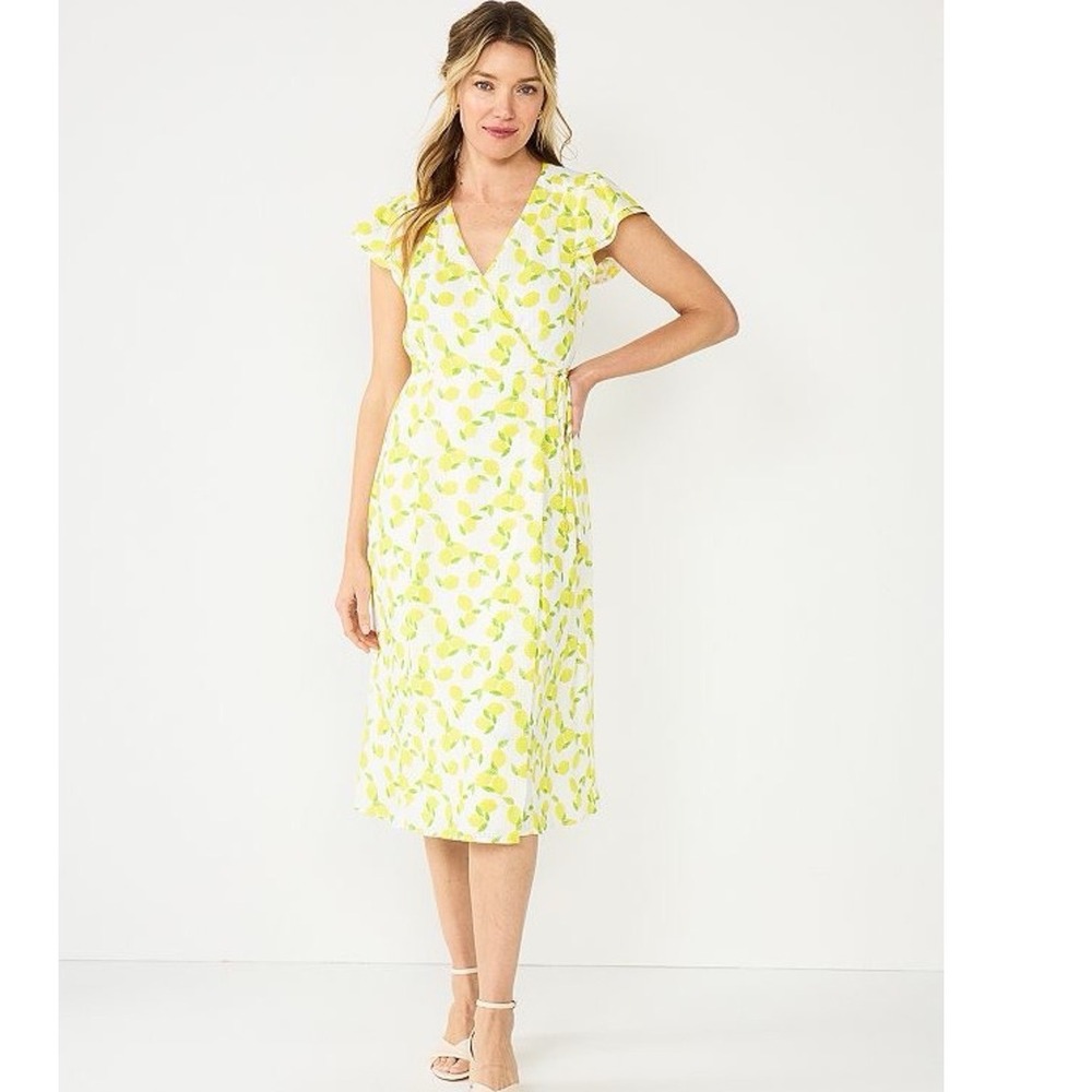 Draper James, Lemon-Print Wrap Midi Dress, Size S